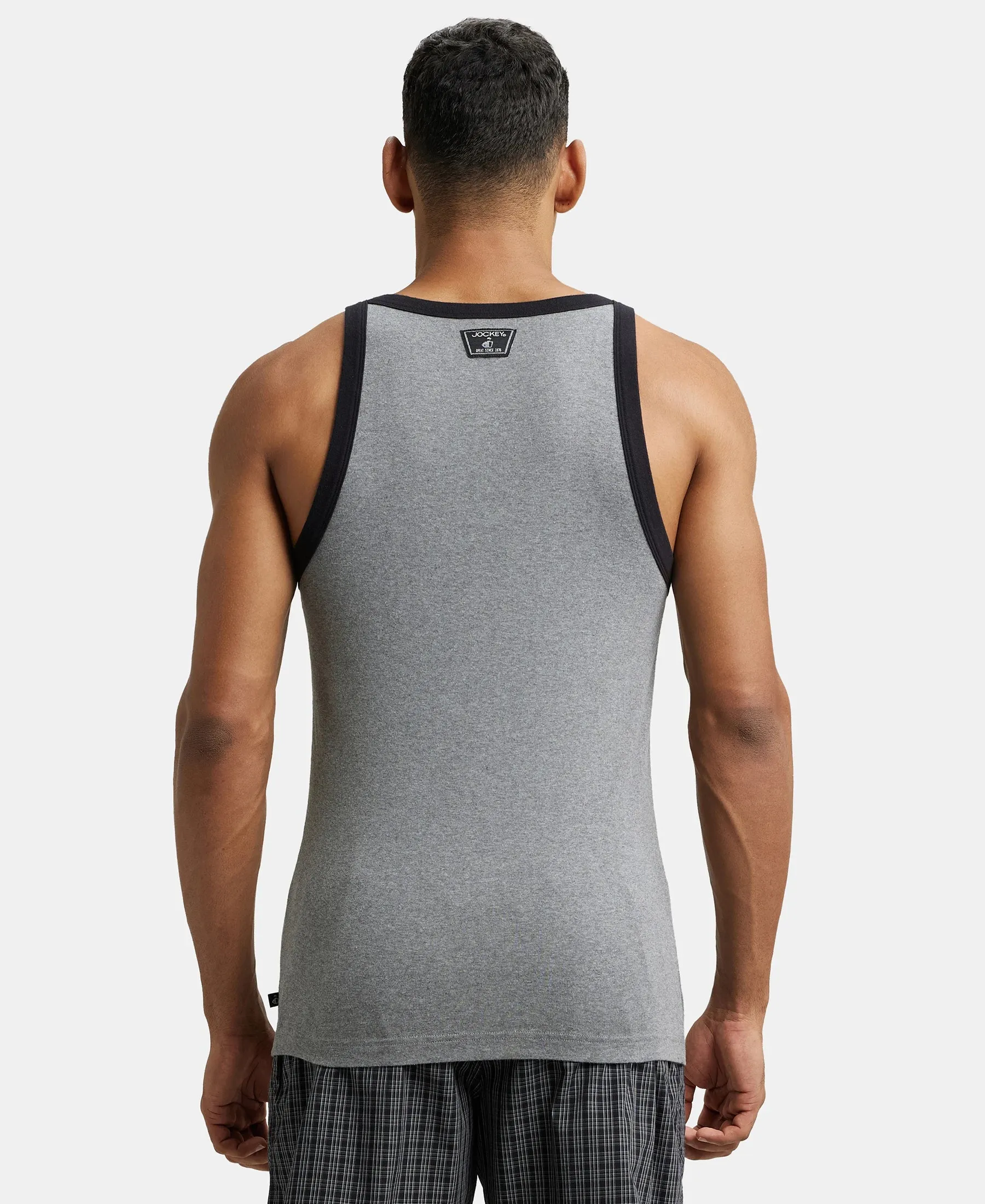 Super Combed Cotton Rib Square Neck Gym Vest - Mid Grey Melange & Black