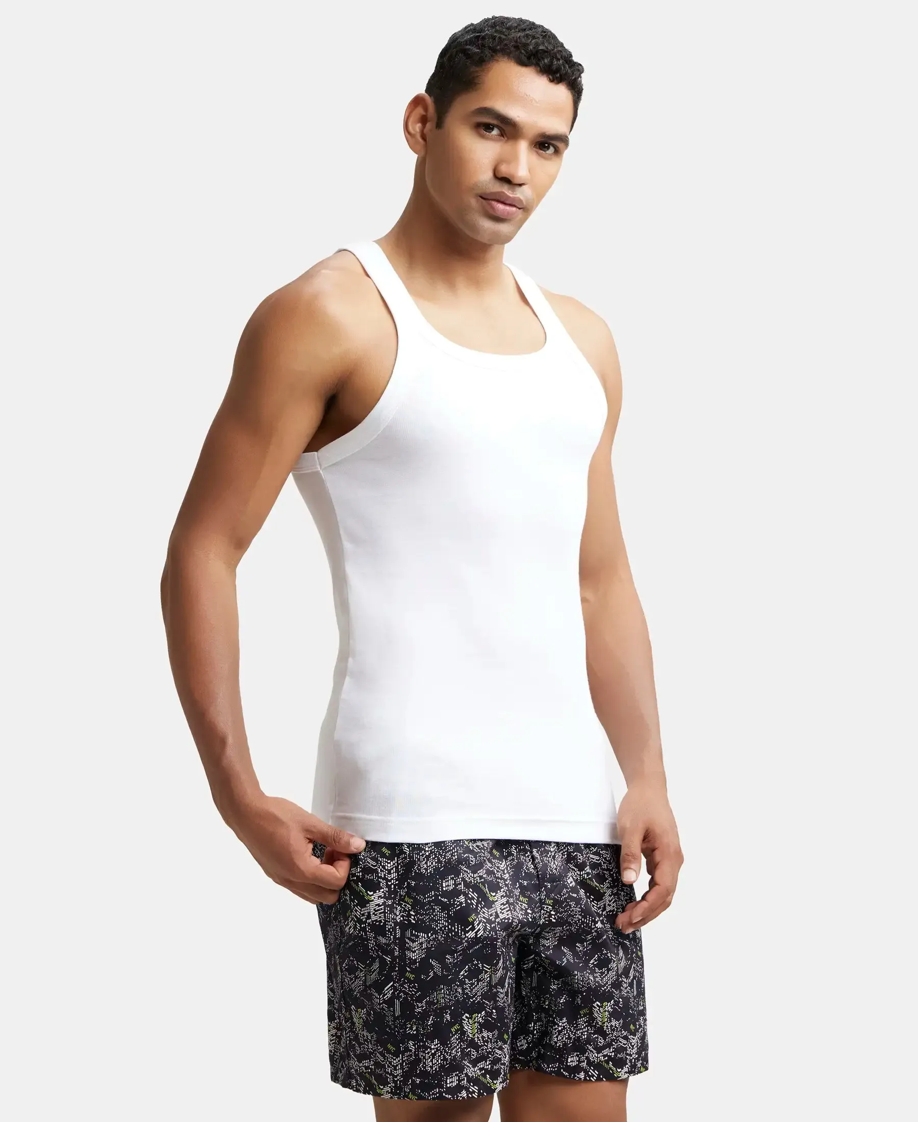 Super Combed Cotton Rib Square Neck Gym Vest - White