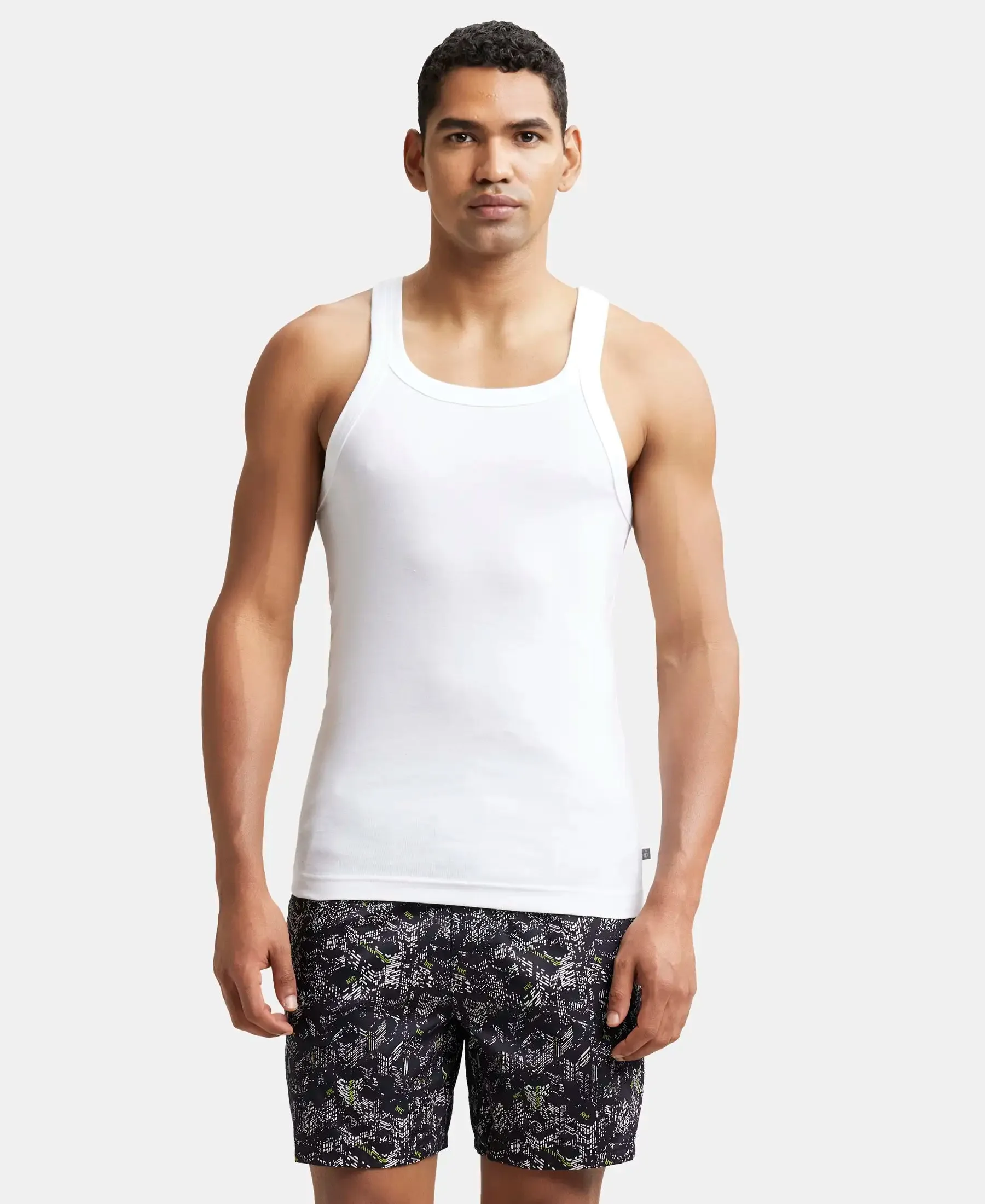 Super Combed Cotton Rib Square Neck Gym Vest - White