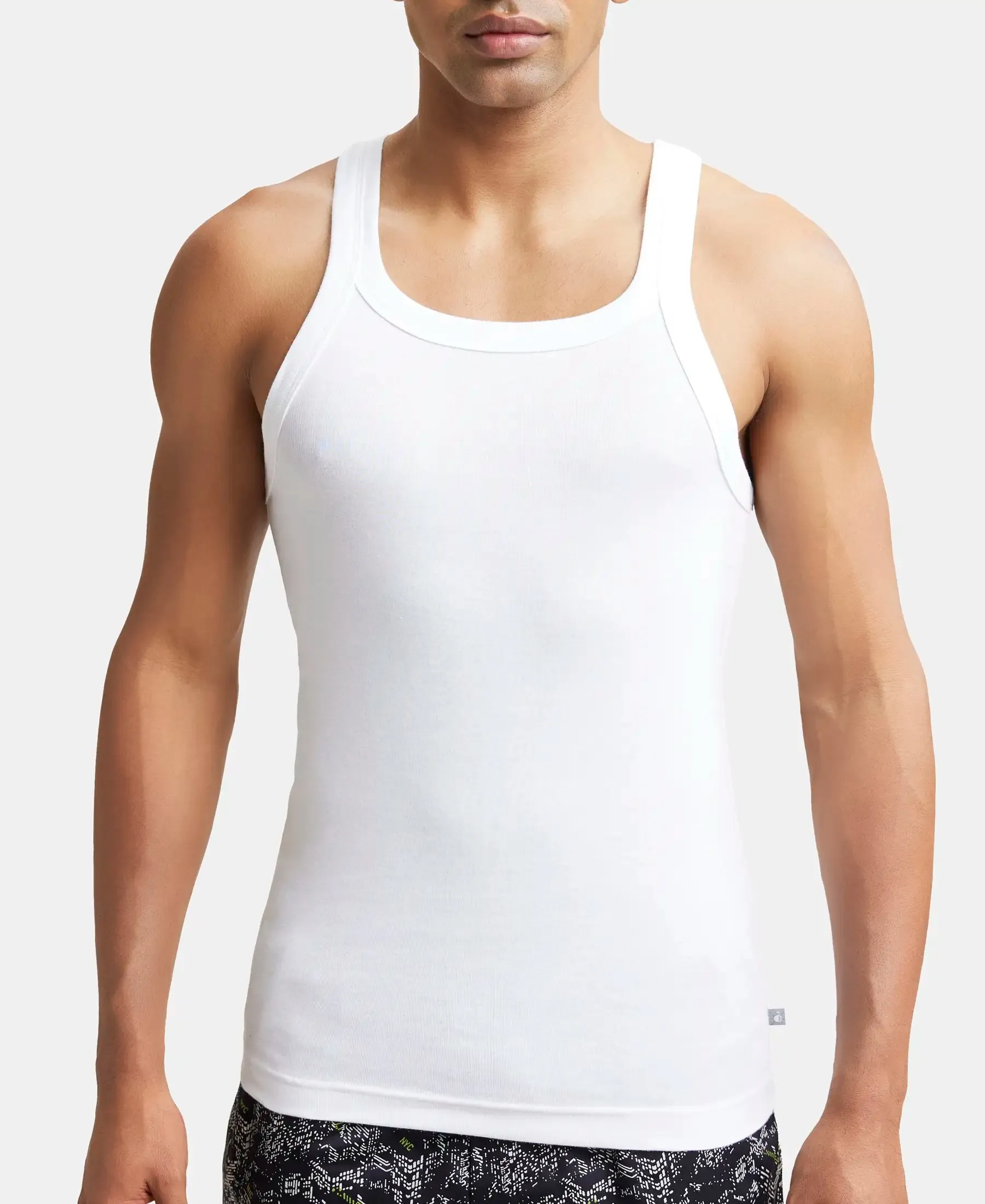 Super Combed Cotton Rib Square Neck Gym Vest - White