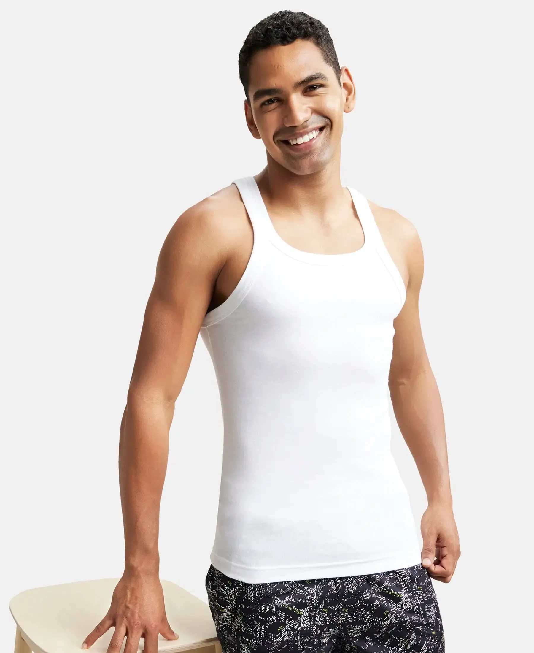 Super Combed Cotton Rib Square Neck Gym Vest - White