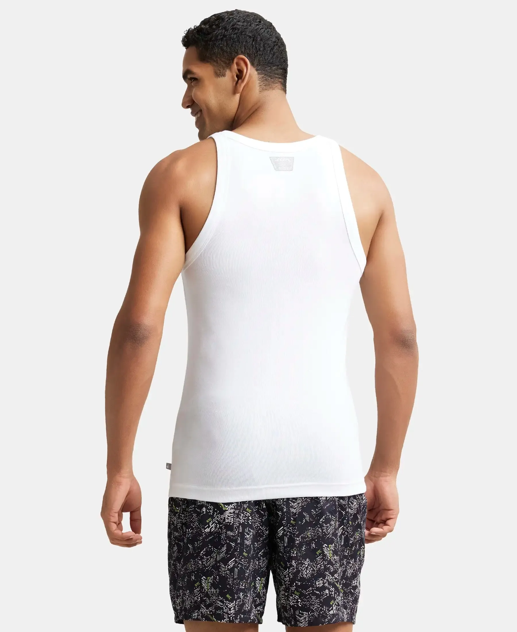 Super Combed Cotton Rib Square Neck Gym Vest - White