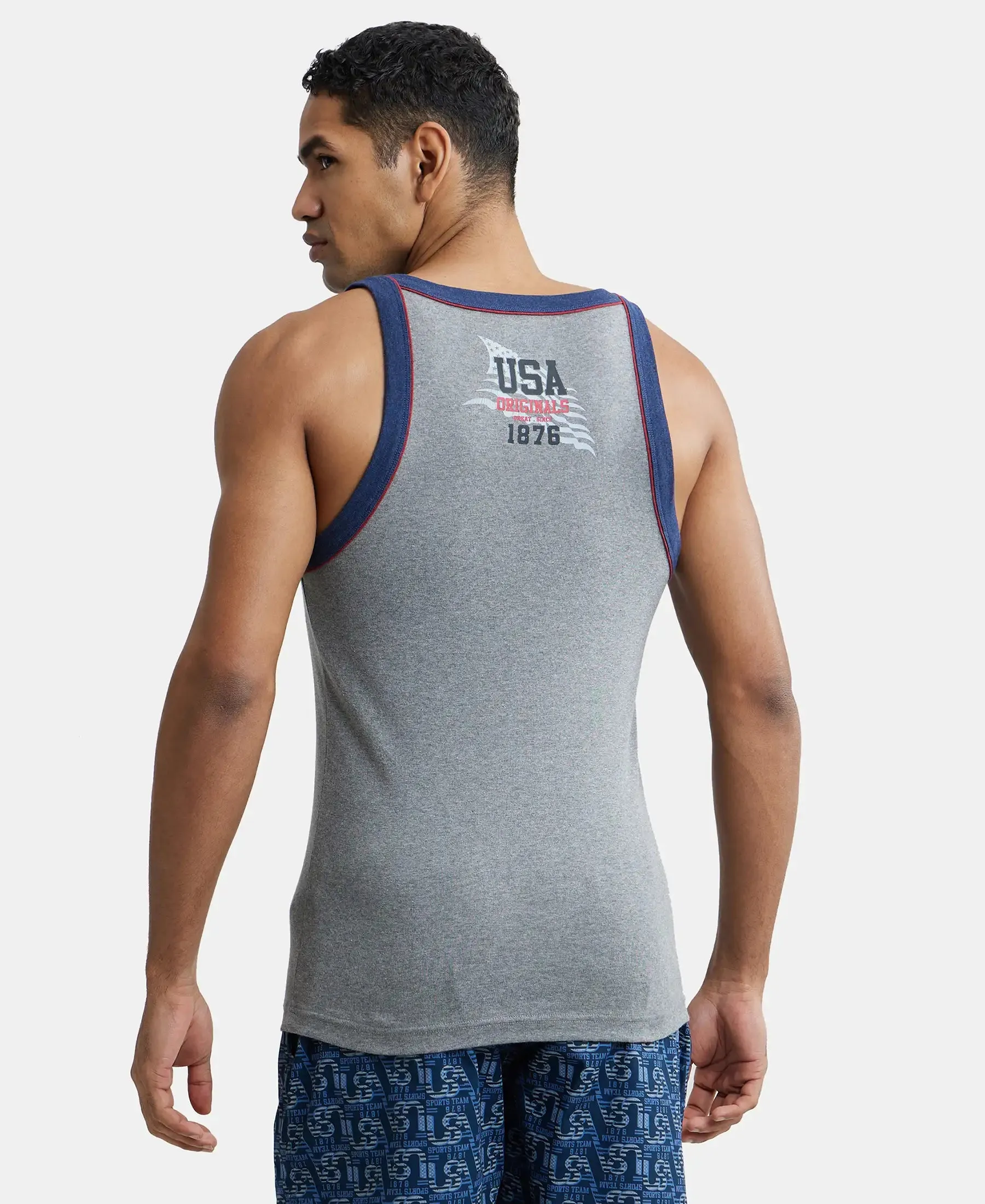 Super Combed Cotton Rib Square Neck Gym Vest with Graphic Print - Grey Melange & Ink Blue