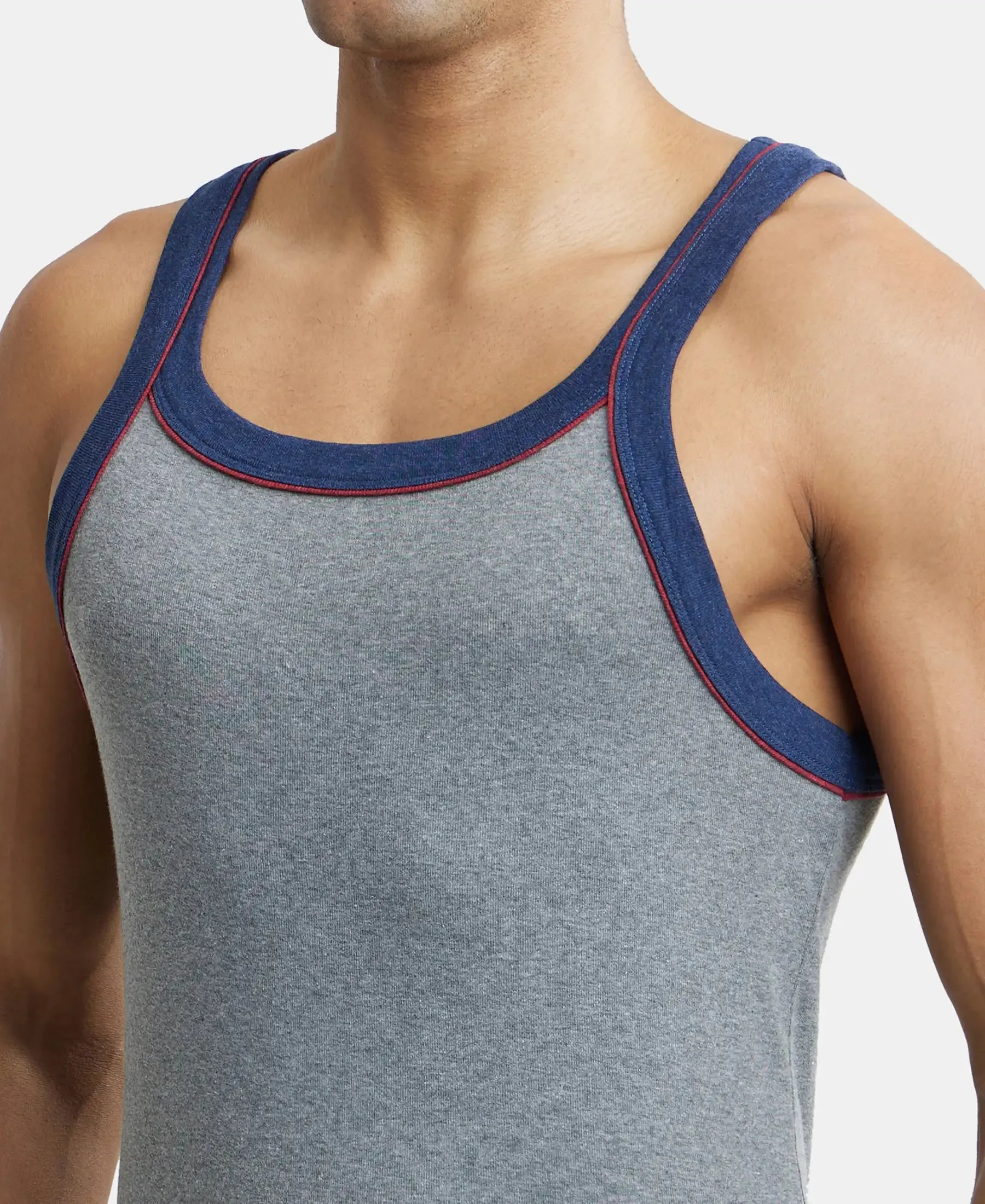 Super Combed Cotton Rib Square Neck Gym Vest with Graphic Print - Grey Melange & Ink Blue