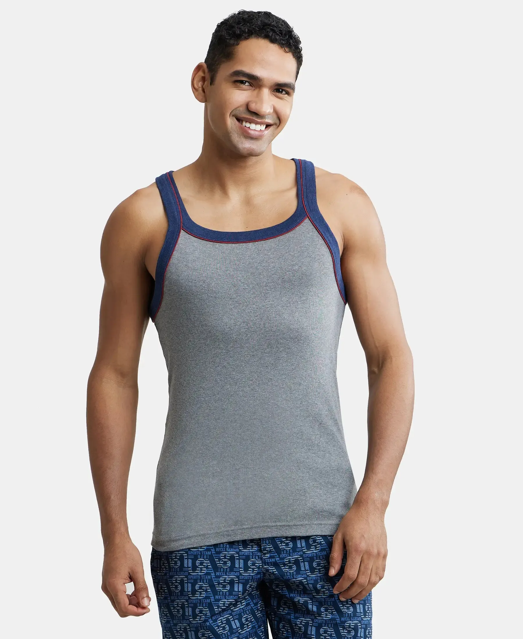 Super Combed Cotton Rib Square Neck Gym Vest with Graphic Print - Grey Melange & Ink Blue