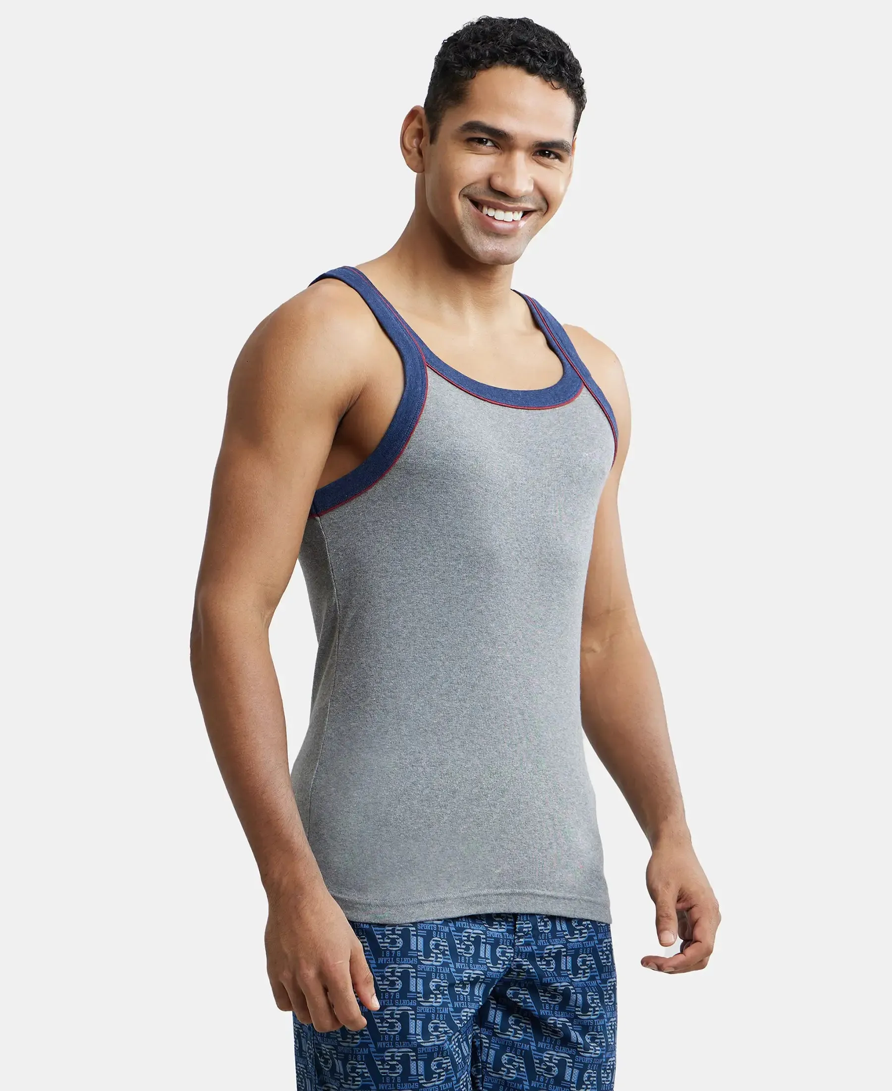 Super Combed Cotton Rib Square Neck Gym Vest with Graphic Print - Grey Melange & Ink Blue