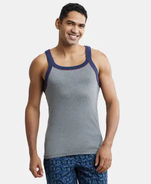 Super Combed Cotton Rib Square Neck Gym Vest with Graphic Print - Grey Melange & Ink Blue