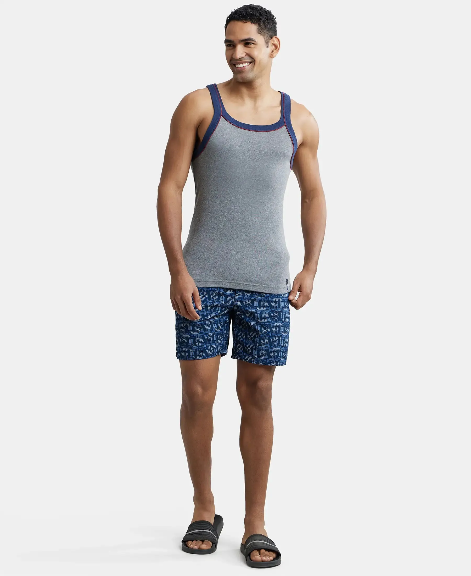 Super Combed Cotton Rib Square Neck Gym Vest with Graphic Print - Grey Melange & Ink Blue