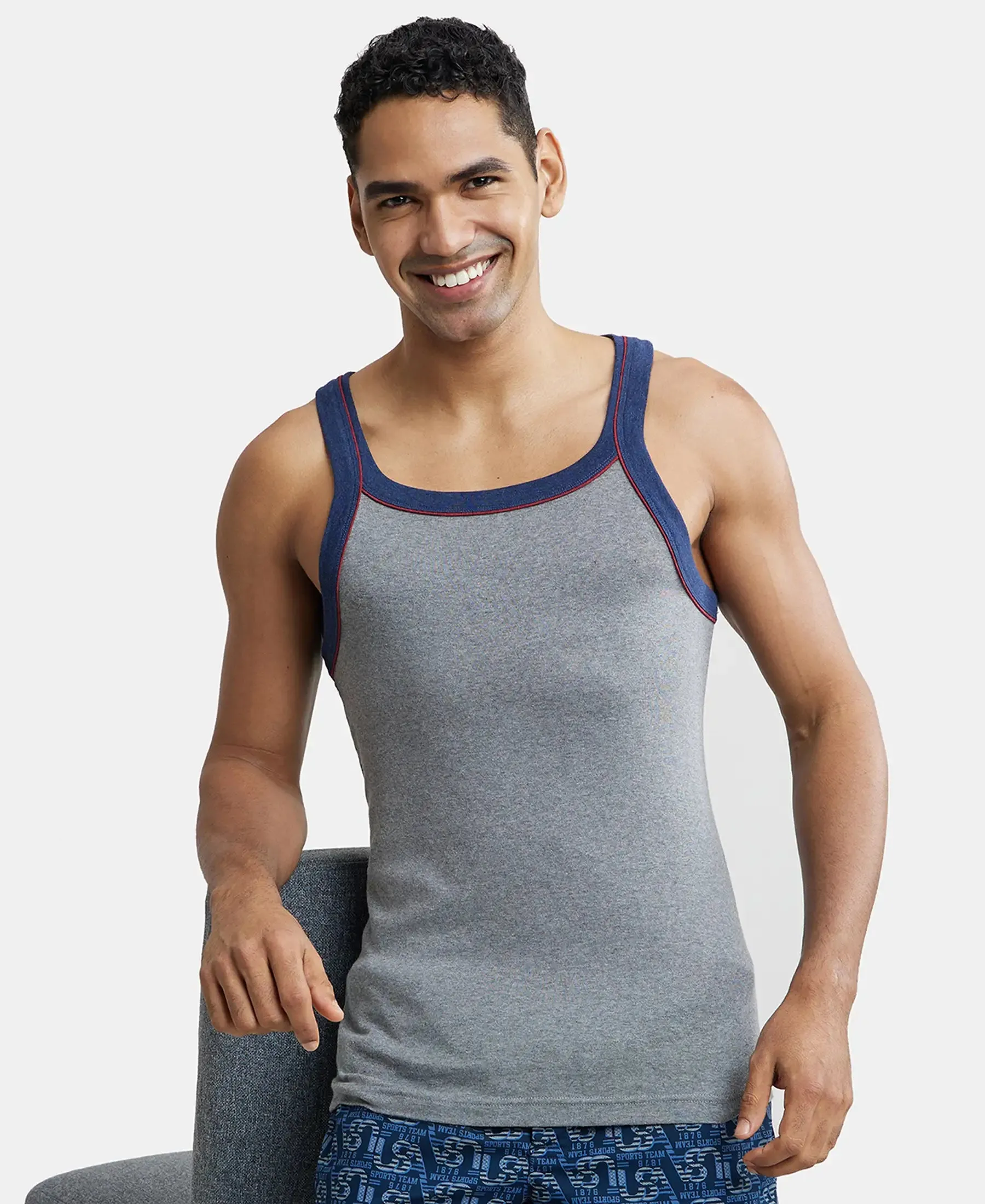 Super Combed Cotton Rib Square Neck Gym Vest with Graphic Print - Grey Melange & Ink Blue