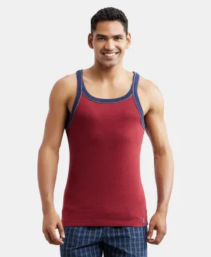 Super Combed Cotton Rib Square Neck Gym Vest with Graphic Print - Red Melange