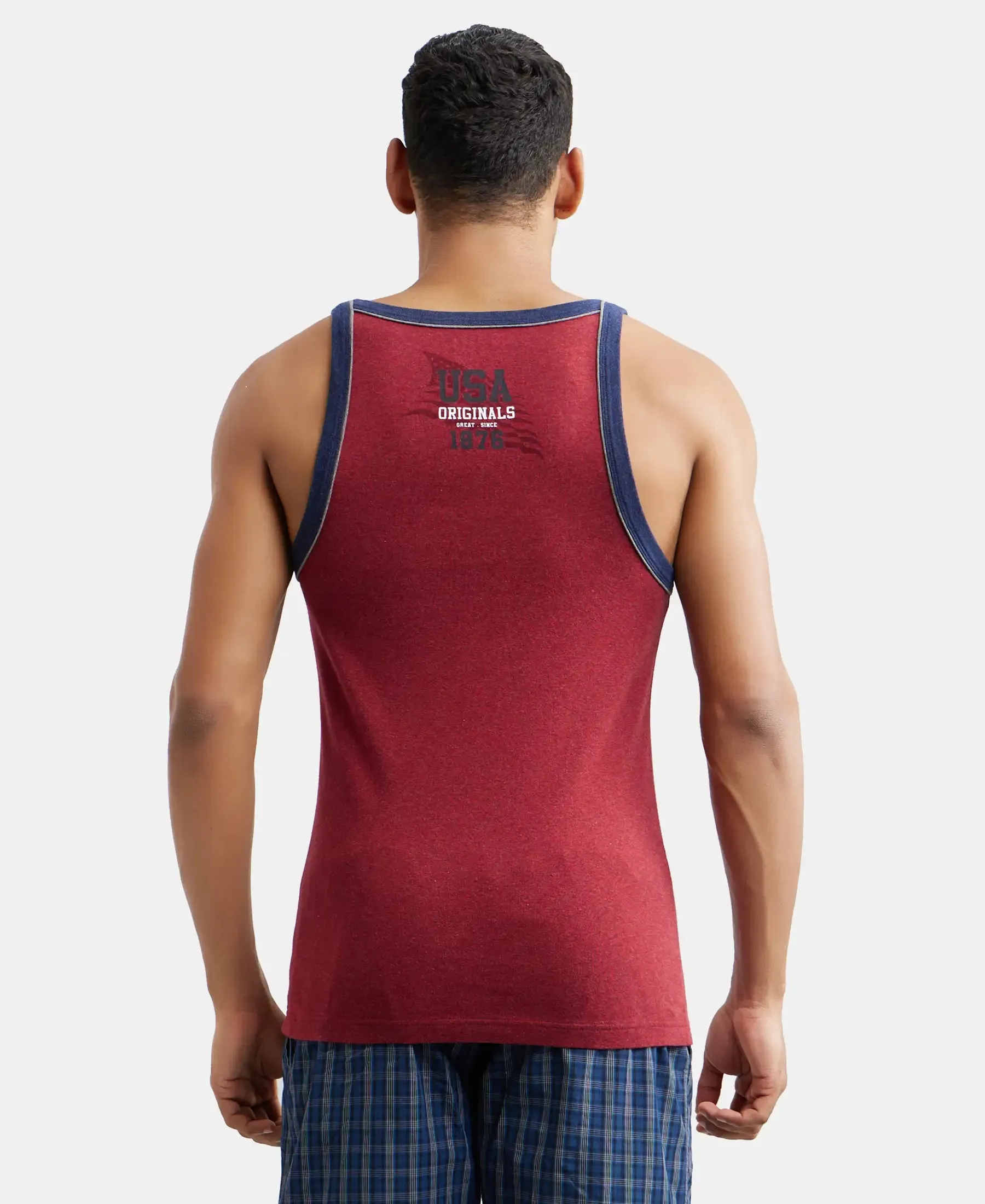 Super Combed Cotton Rib Square Neck Gym Vest with Graphic Print - Red Melange