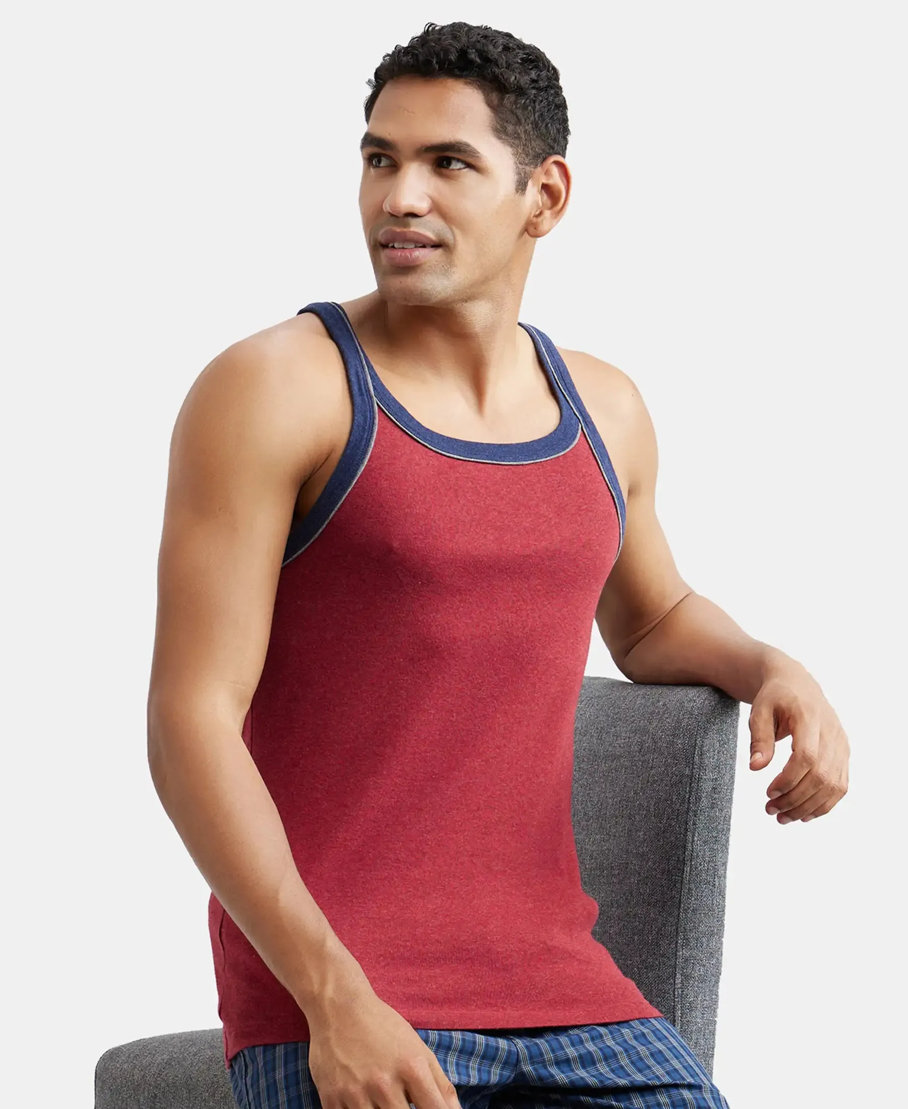 Super Combed Cotton Rib Square Neck Gym Vest with Graphic Print - Red Melange