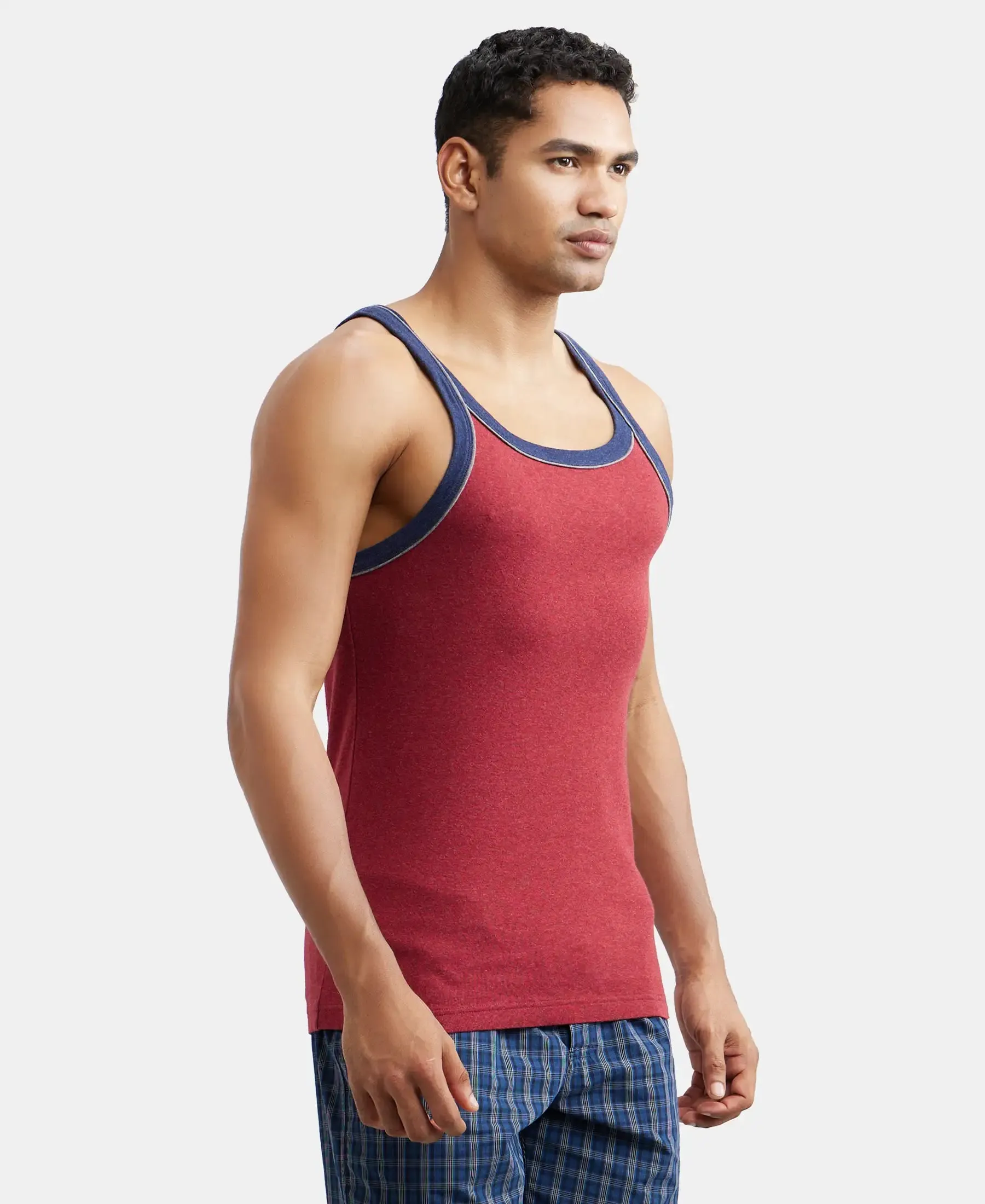 Super Combed Cotton Rib Square Neck Gym Vest with Graphic Print - Red Melange