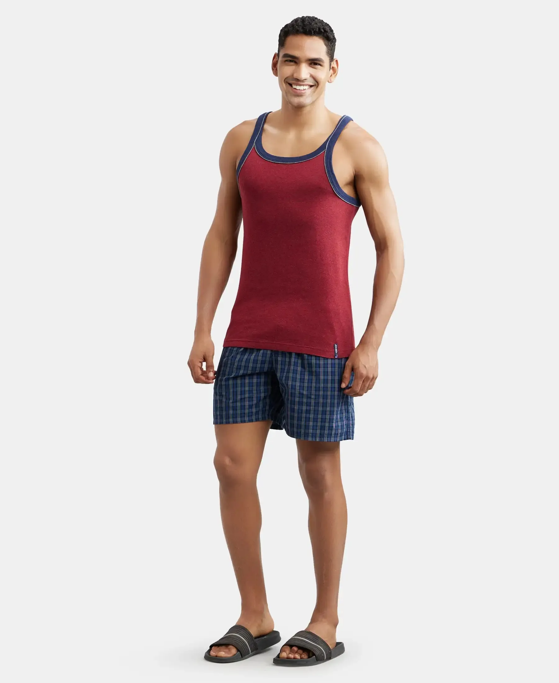 Super Combed Cotton Rib Square Neck Gym Vest with Graphic Print - Red Melange