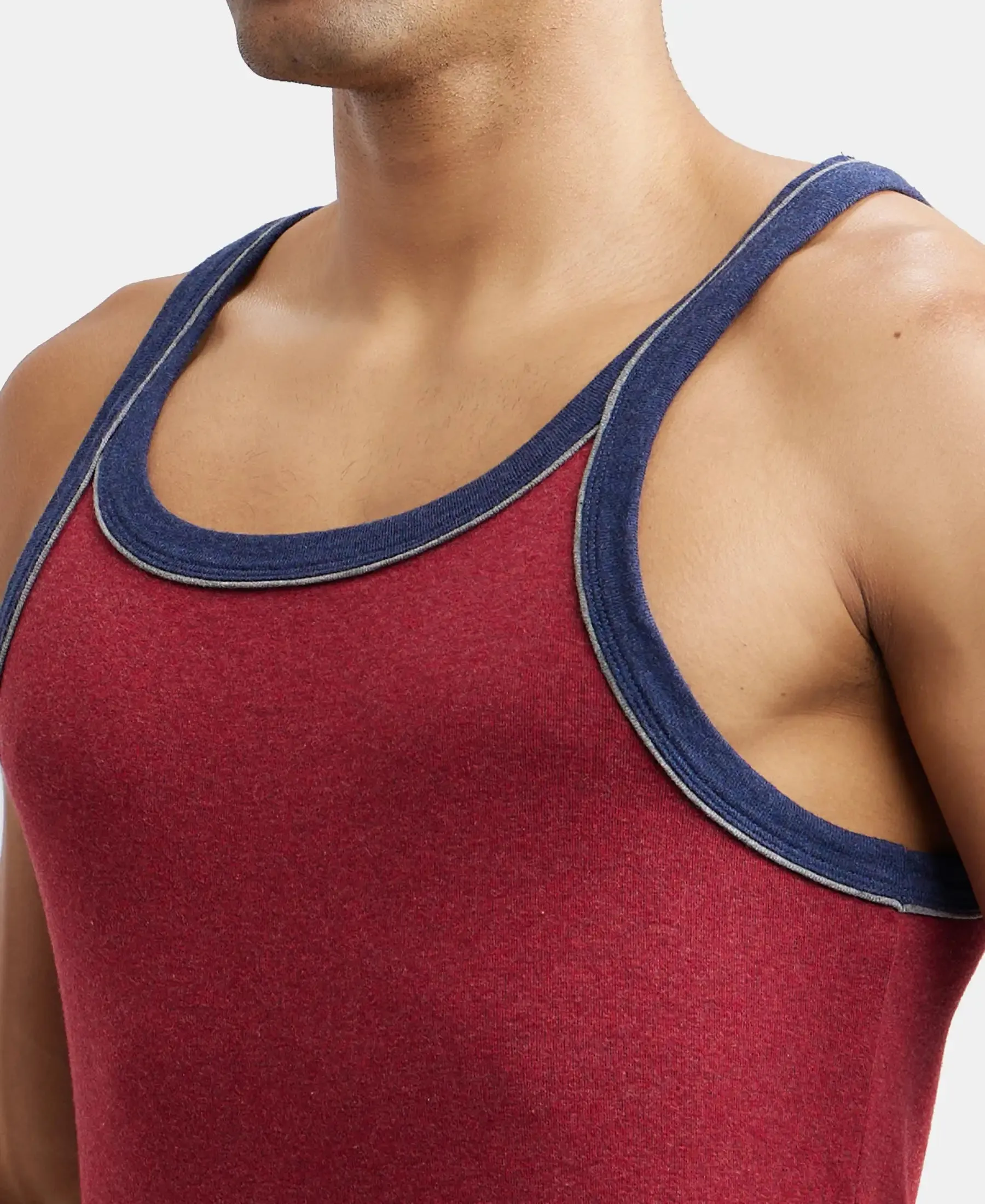Super Combed Cotton Rib Square Neck Gym Vest with Graphic Print - Red Melange
