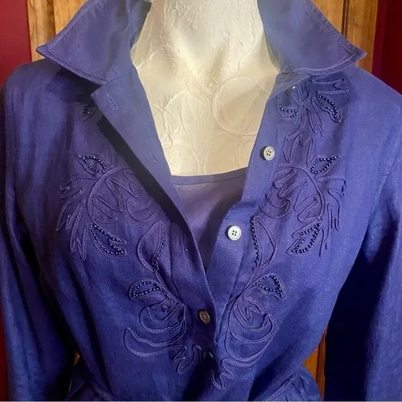 Talbot's Navy blue Linen 2-piece midi shirt Dress belted w separate slip sz 14