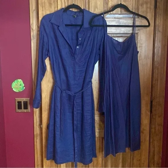 Talbot's Navy blue Linen 2-piece midi shirt Dress belted w separate slip sz 14