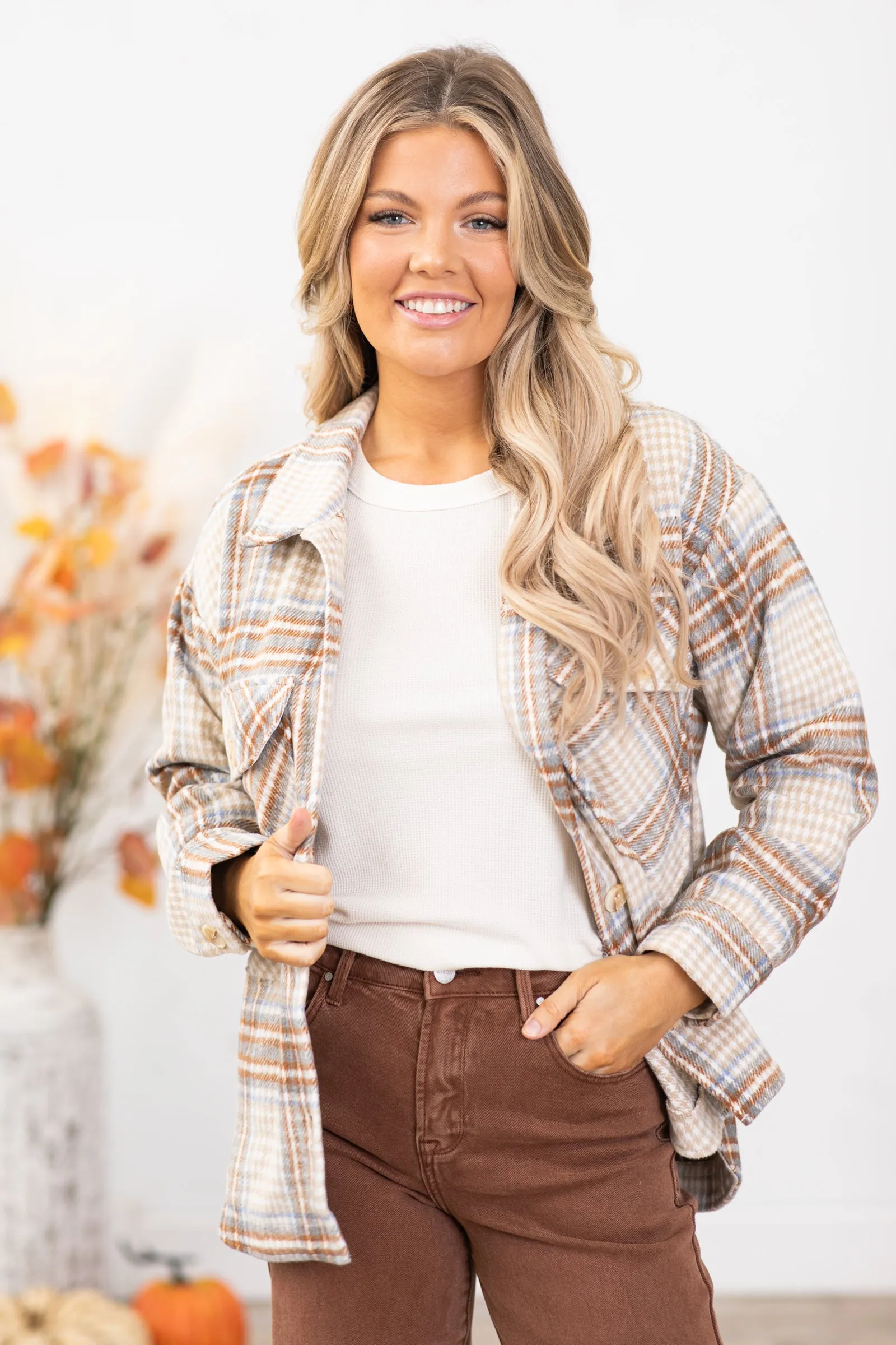 Tan and Cognac Multicolor Plaid Shacket