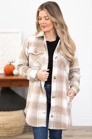 Tan and White Plaid Shacket With Pockets