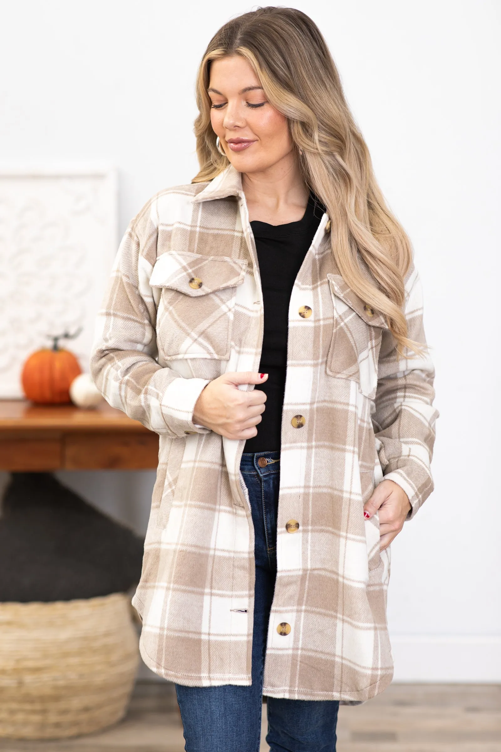 Tan and White Plaid Shacket With Pockets