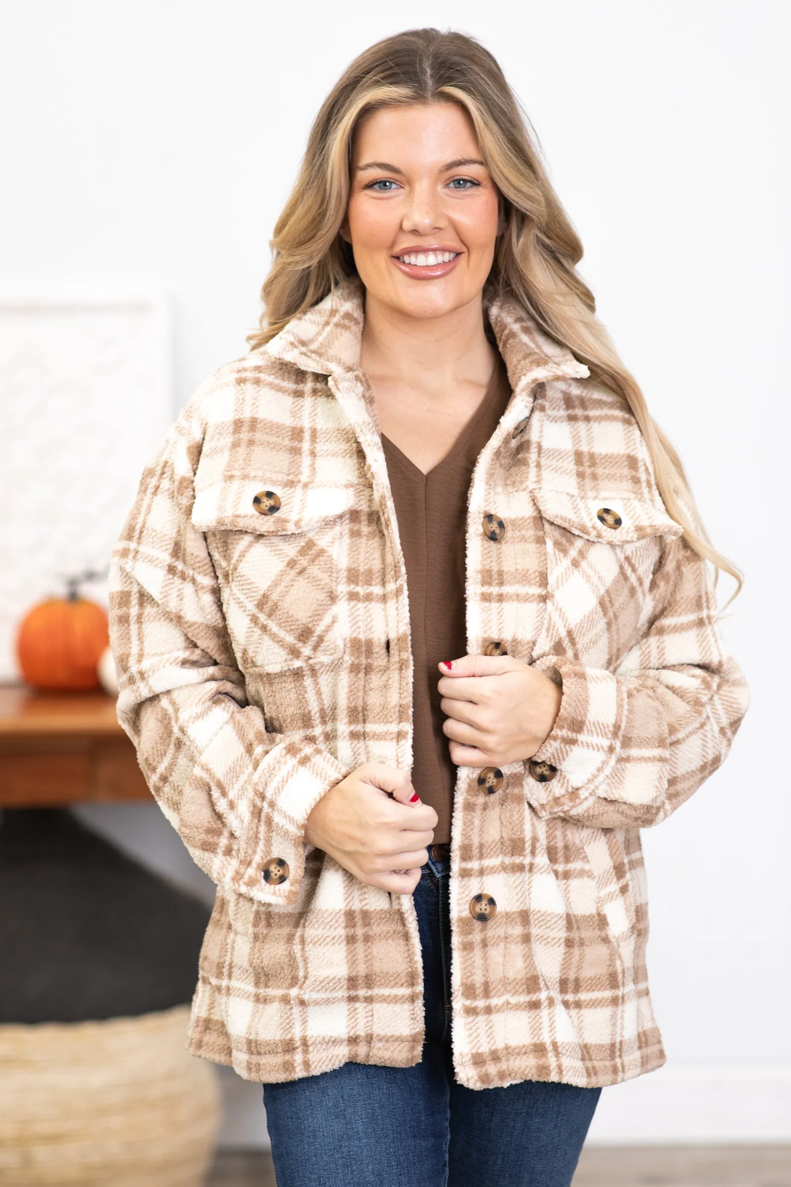 Tan and White Plaid Sherpa Shacket