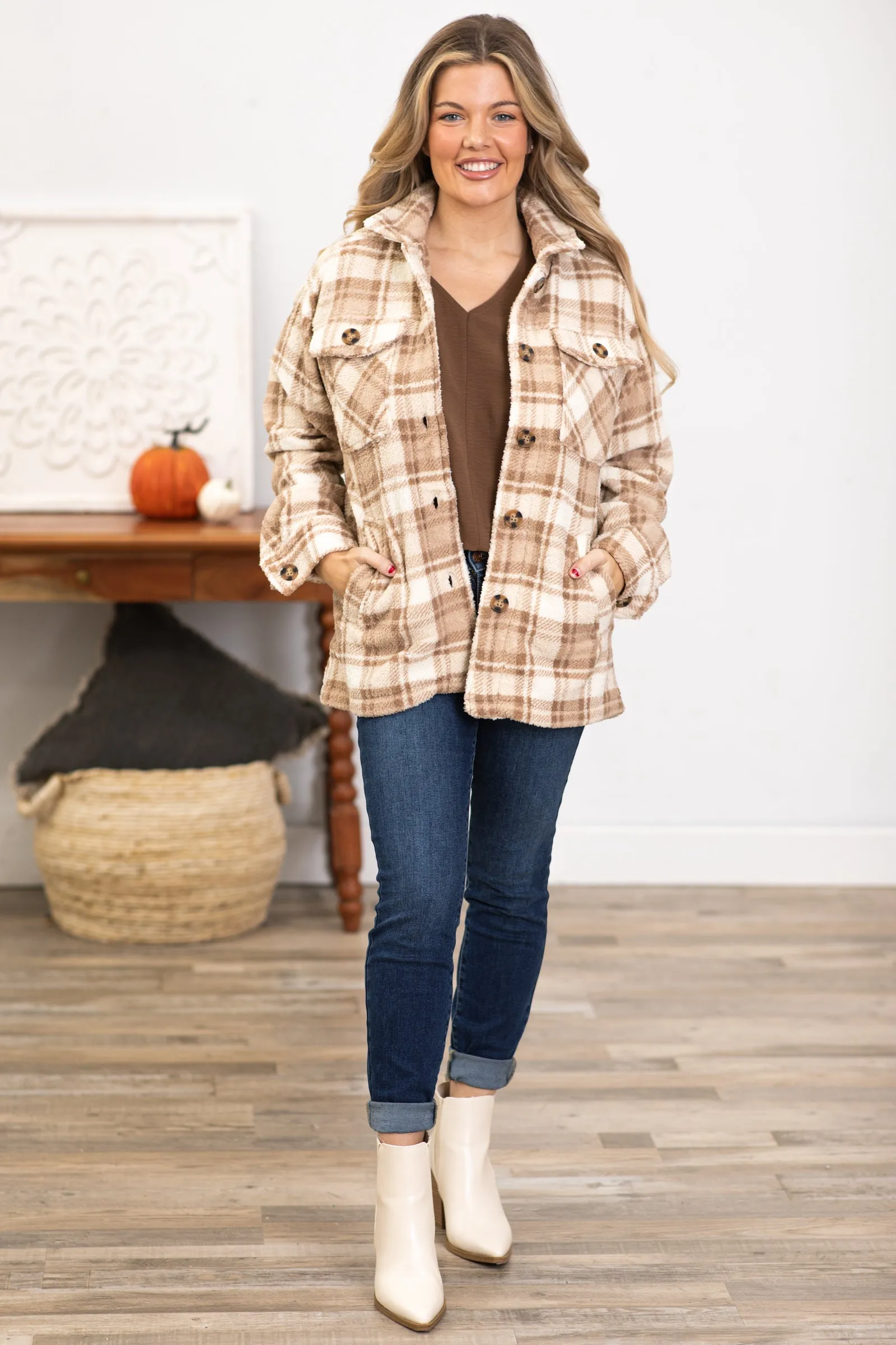 Tan and White Plaid Sherpa Shacket