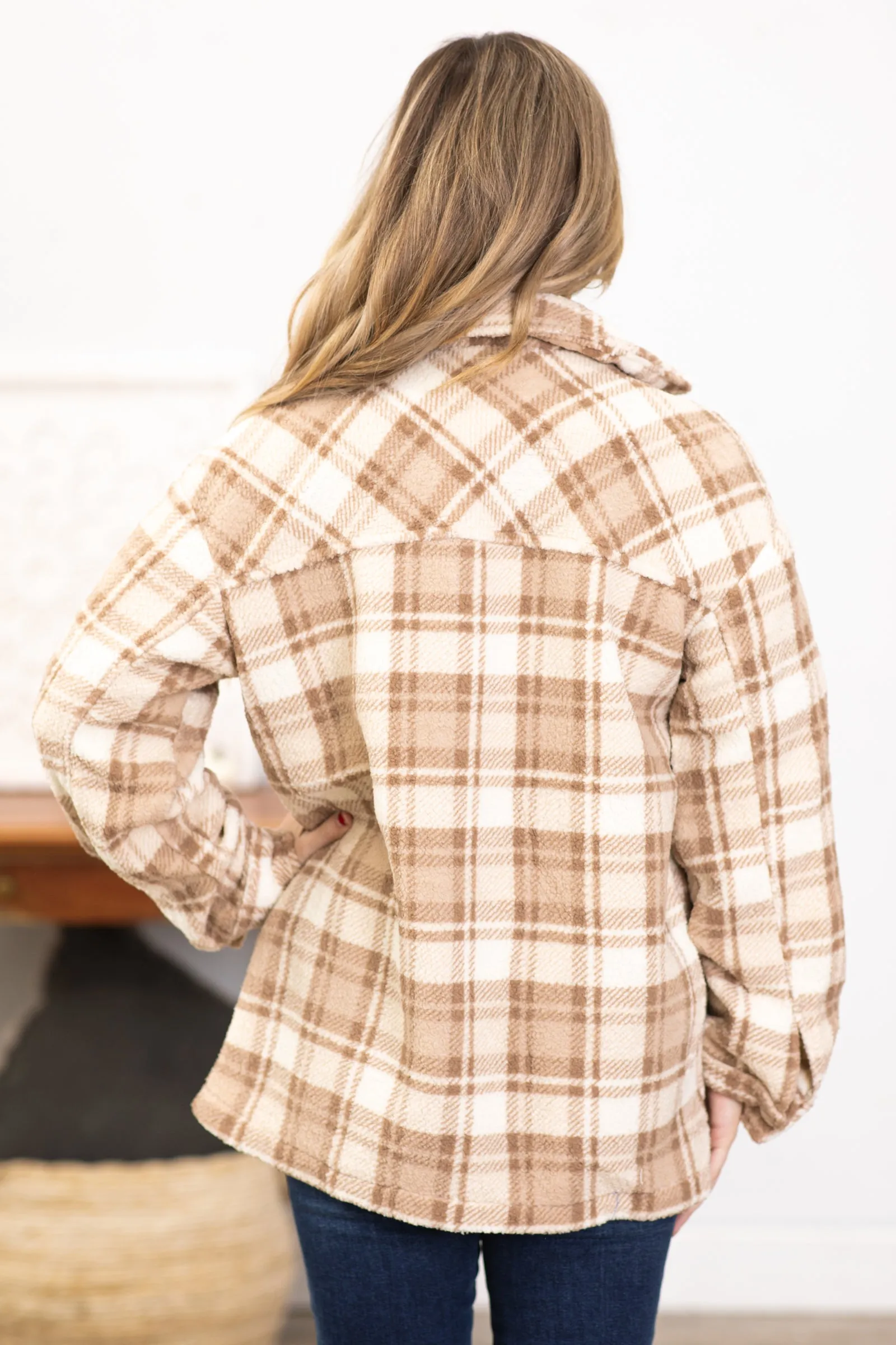 Tan and White Plaid Sherpa Shacket