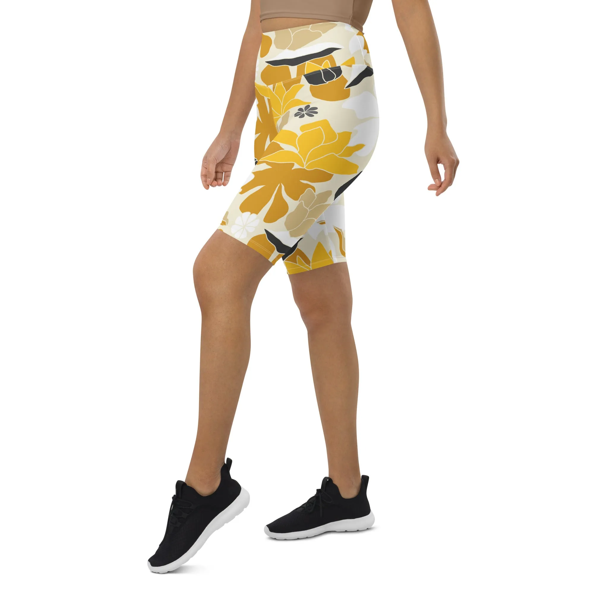 Tan Flowers Biker Shorts
