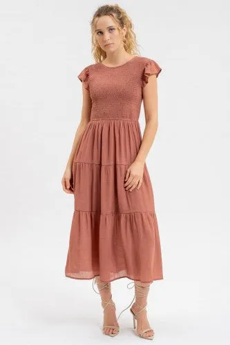 Terracotta Smocked Tiered Midi Dress