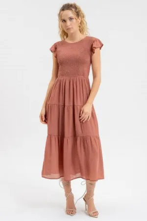 Terracotta Smocked Tiered Midi Dress