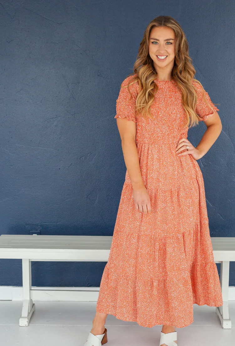 Tersa Smocked Dress in Rustic Coral
