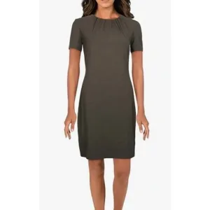Theory Women's Ash Gather Tee Ruched Neck Short Sleeve Midi Slip Dress Size M
