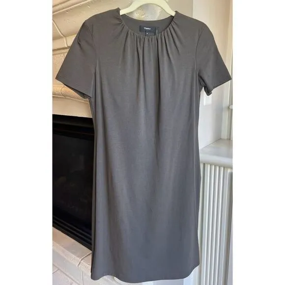 Theory Women's Ash Gather Tee Ruched Neck Short Sleeve Midi Slip Dress Size M