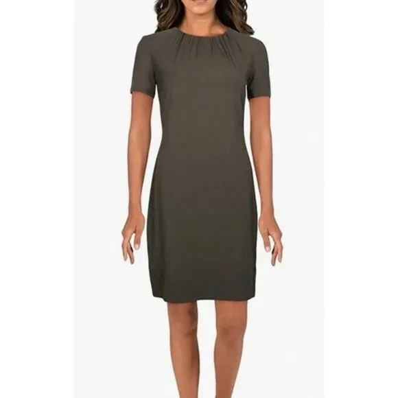 Theory Women's Ash Gather Tee Ruched Neck Short Sleeve Midi Slip Dress Size M