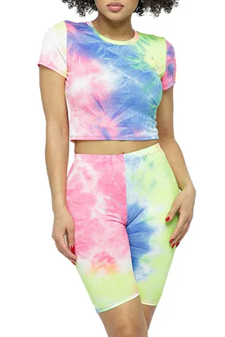 TIE DYE RIBED CROP TOP&BIKER SHORT SET(ST663) <Bundle>