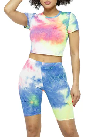 TIE DYE RIBED CROP TOP&BIKER SHORT SET(ST663) <Bundle>