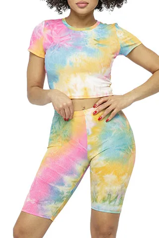 TIE DYE RIBED CROP TOP&BIKER SHORT SET(ST663) <Bundle>