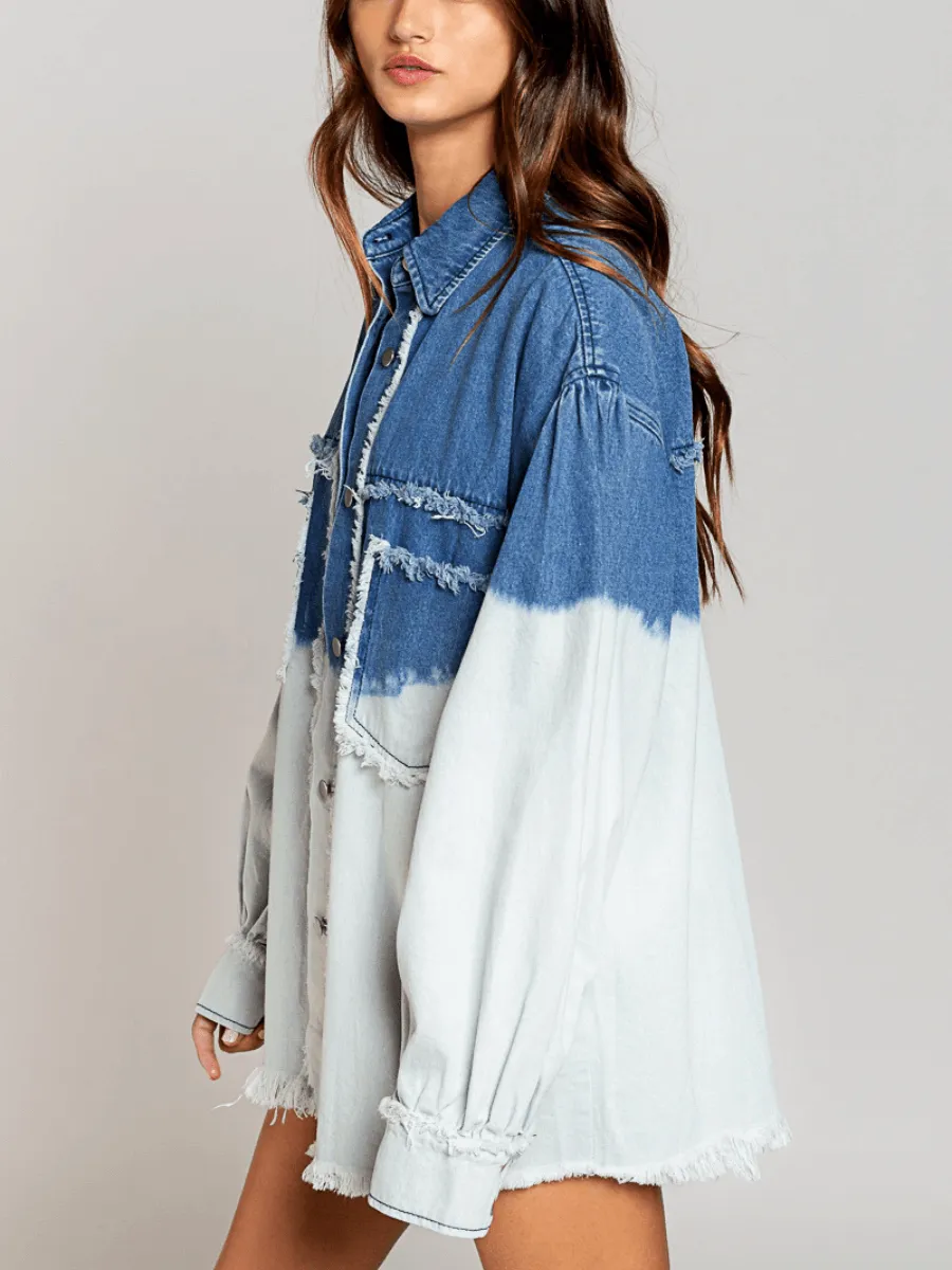 Tie-Dyed Color Block Frayed Denim Shacket - Blue