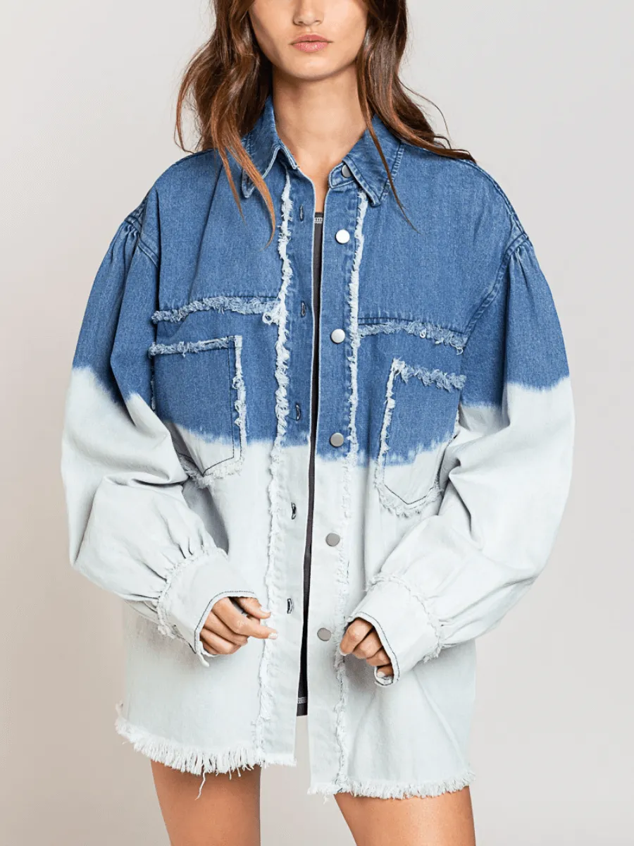 Tie-Dyed Color Block Frayed Denim Shacket - Blue
