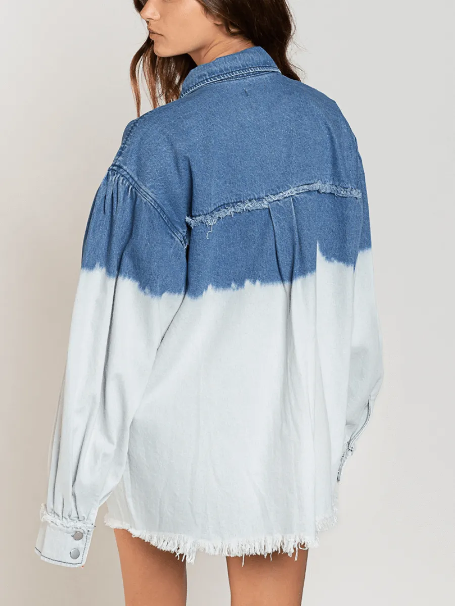 Tie-Dyed Color Block Frayed Denim Shacket - Blue