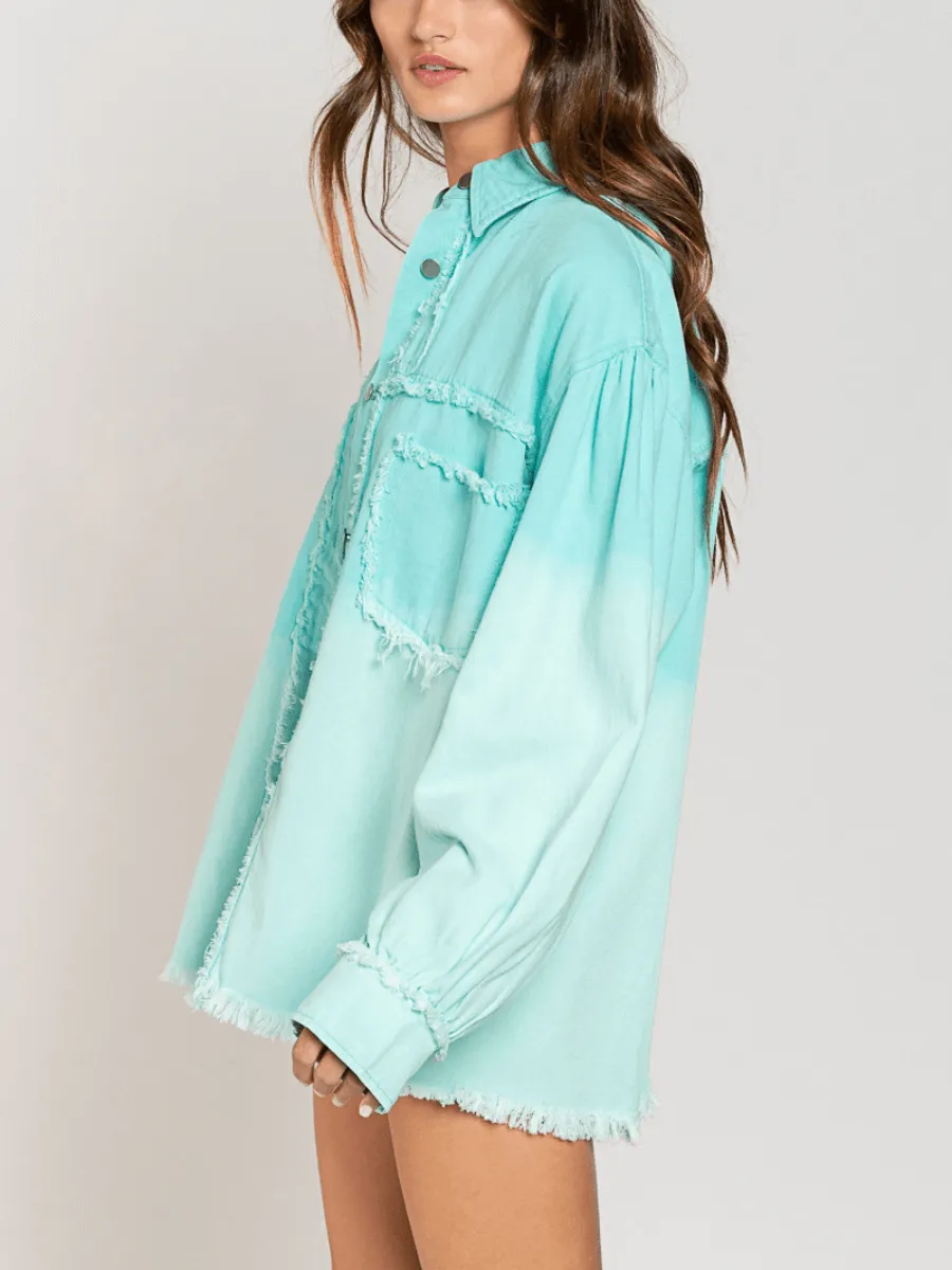 Tie-Dyed Color Block Frayed Denim Shacket - Turquoise
