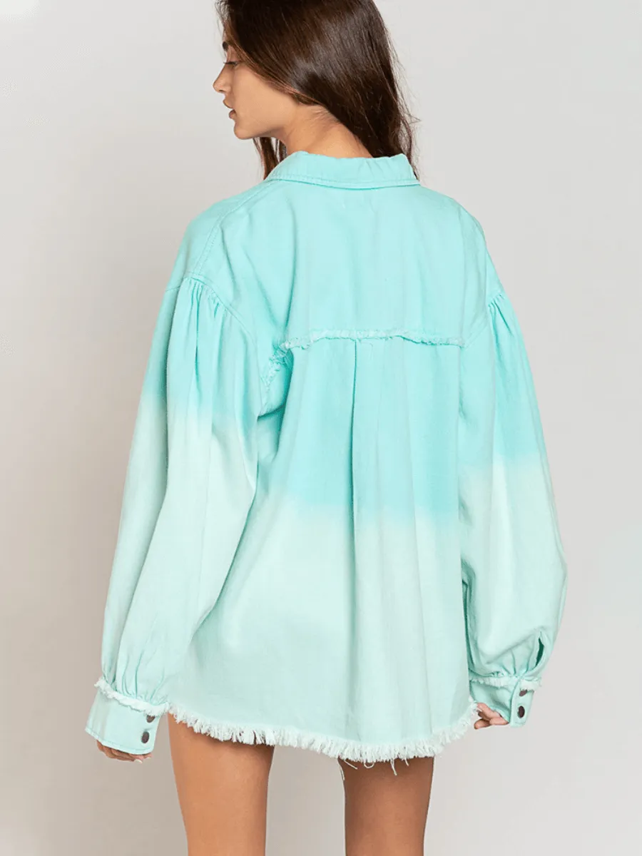 Tie-Dyed Color Block Frayed Denim Shacket - Turquoise