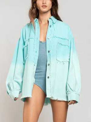 Tie-Dyed Color Block Frayed Denim Shacket - Turquoise