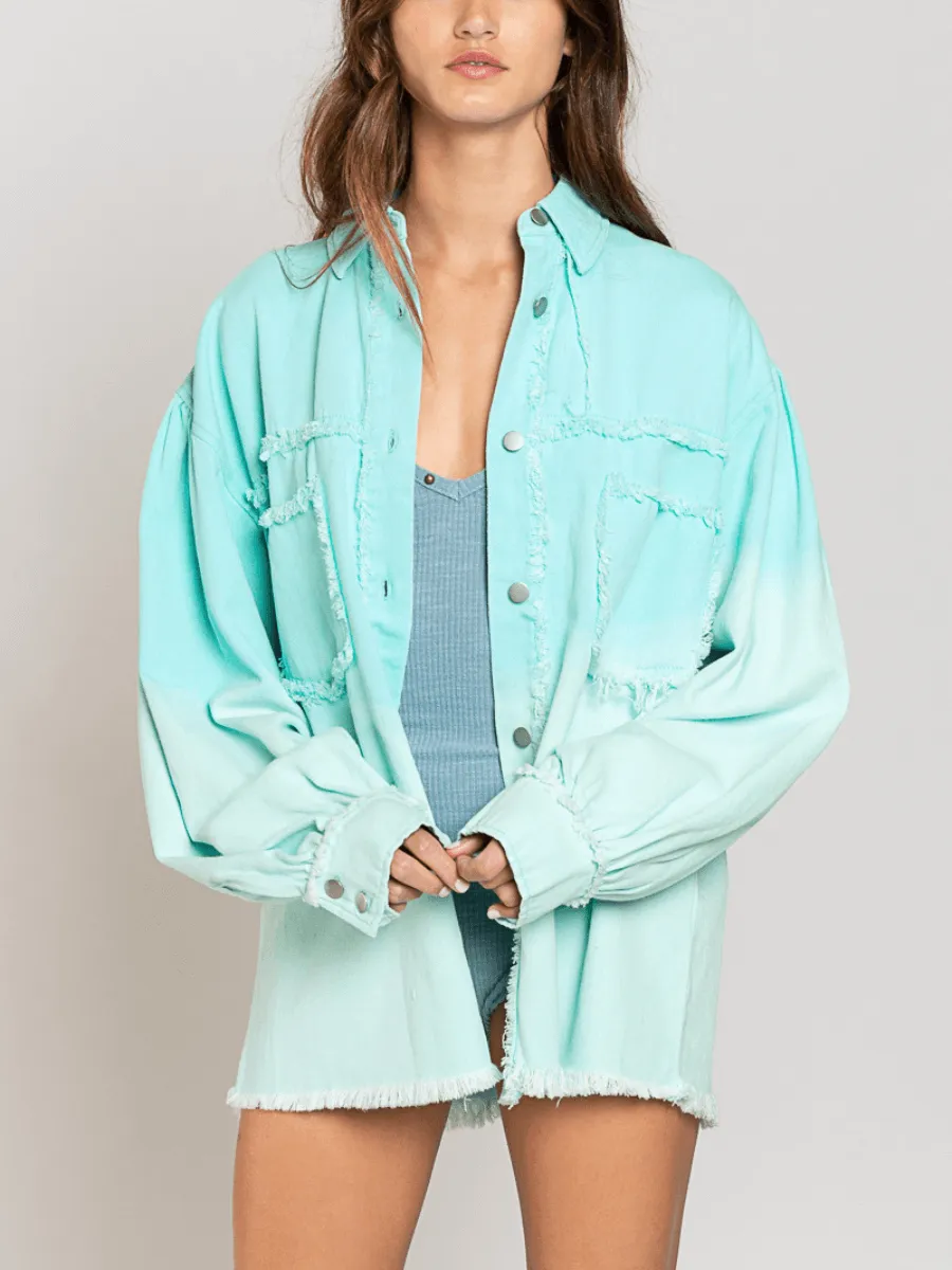 Tie-Dyed Color Block Frayed Denim Shacket - Turquoise