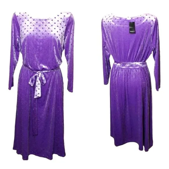 TORRID MIDI Poka Dot Purple Burnout Velvet Boatneck Dress.