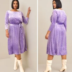 TORRID MIDI Poka Dot Purple Burnout Velvet Boatneck Dress.