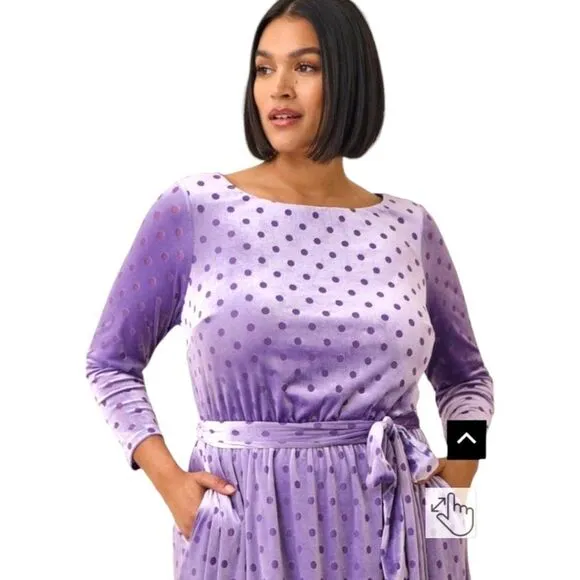TORRID MIDI Poka Dot Purple Burnout Velvet Boatneck Dress.