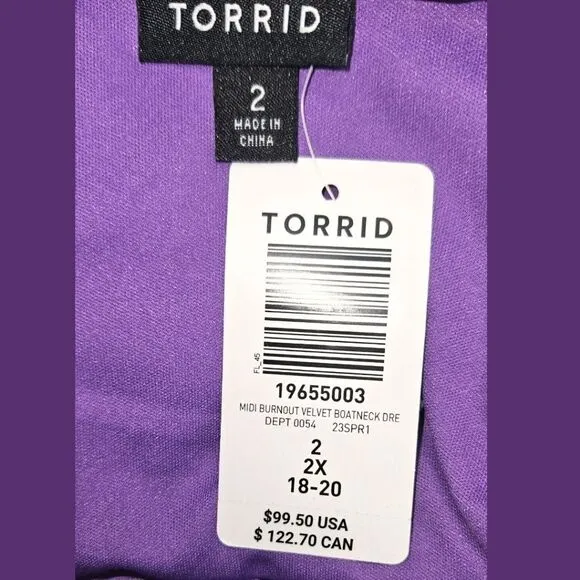 TORRID MIDI Poka Dot Purple Burnout Velvet Boatneck Dress.