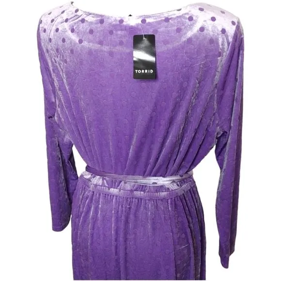 TORRID MIDI Poka Dot Purple Burnout Velvet Boatneck Dress.