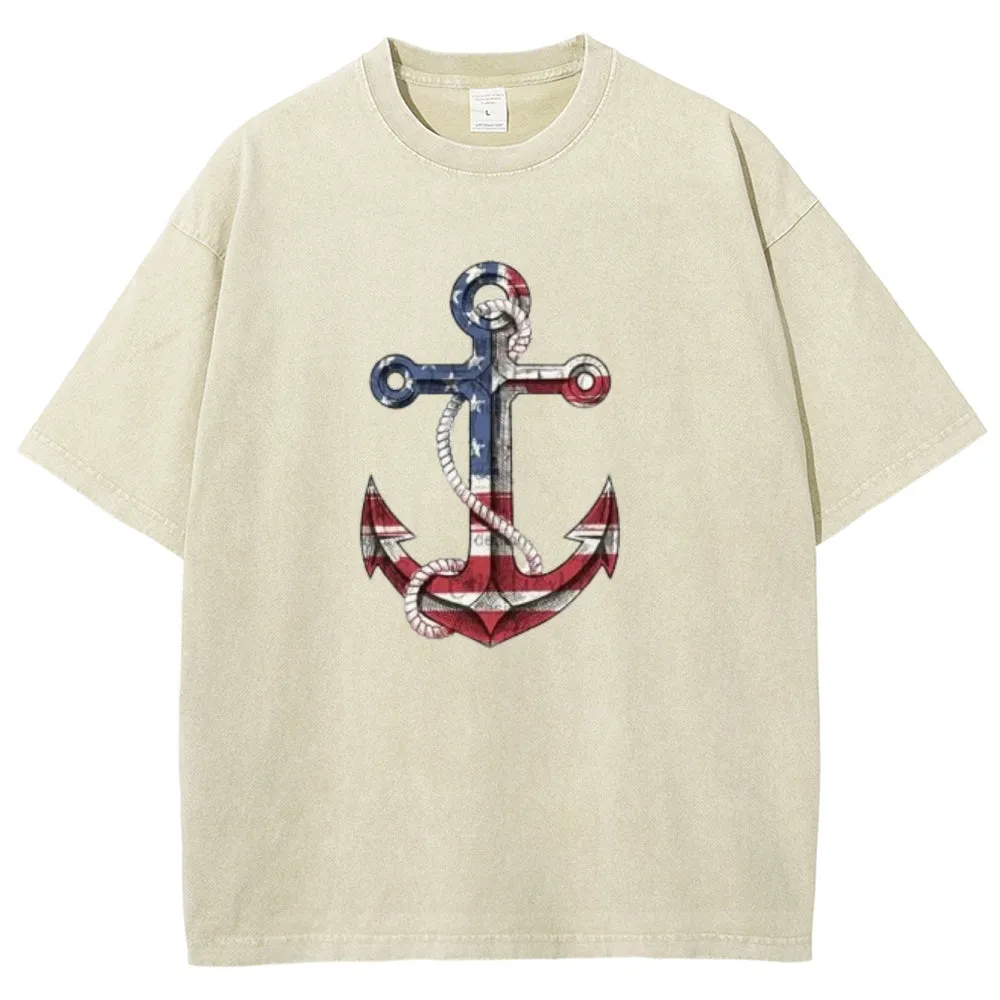 Unisex American Flag Anchor Graphic Vintage Washed Tee